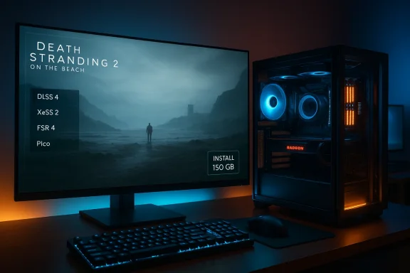 Gaming desk with a monitor showing Death Stranding 2 and a glowing RGB-lit PC tower. Gaming desk with a monitor showing Death Stranding 2 and a glowing RGB-lit PC tower.