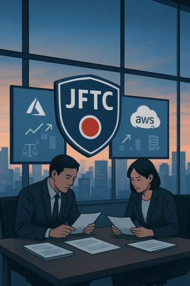 Two professionals review documents in a conference room with a JFTC shield and AWS logos.
