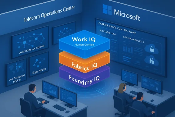 A Microsoft-branded operations center with stacked AI platforms: Work IQ, Fabric IQ, and Foundry IQ.