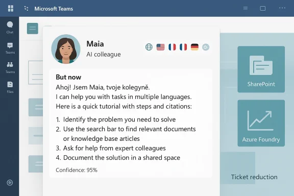 Microsoft Teams interface featuring Maia, an AI colleague, with a step-by-step tutorial card.