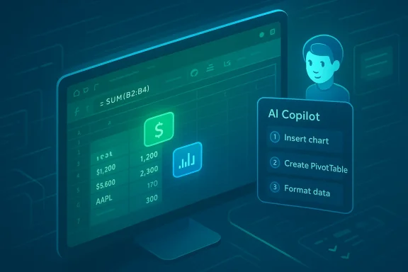 AI Copilot guides data analysis with charts and PivotTables on a digital dashboard.