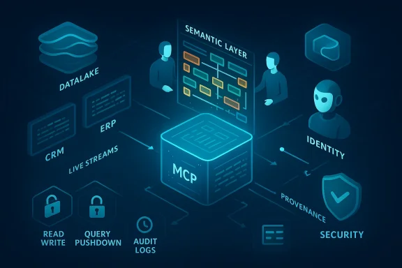 Blue data architecture with MCP hub, semantic layer, and links to CRM, ERP, and DataLake.