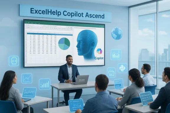 A presenter teaches Excel data analytics with Copilot to a team in a futuristic, tech-enhanced classroom.