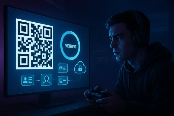 A gamer wearing headphones studies a monitor showing a QR code and a verification icon.