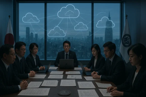 An executive boardroom meeting with cloud-network diagrams displayed over the city skyline.