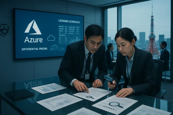 Two professionals review contracts in a modern office with Azure licensing displayed.