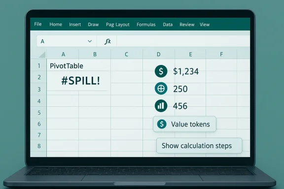 Excel-like spreadsheet on a laptop showing a PivotTable and #SPILL! hints.