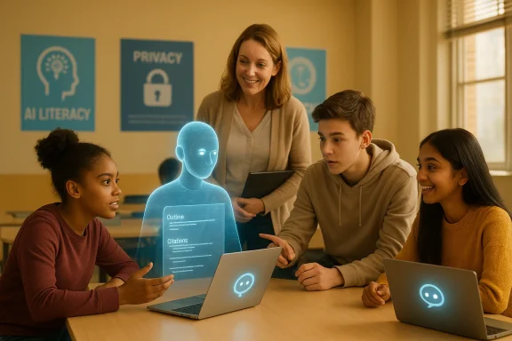 Students collaborate with a holographic AI assistant in a classroom.