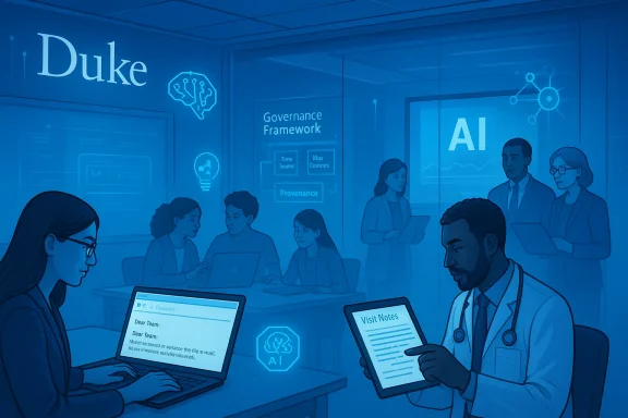 Blue-tinted workspace where clinicians and researchers discuss AI governance and patient notes.