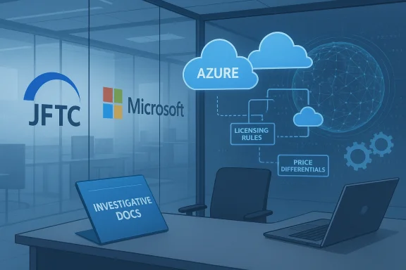 Conference room displays Azure cloud licensing flowcharts beside JFTC and Microsoft logos.