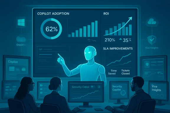 A futuristic control room where a robot presents data dashboards to a team.