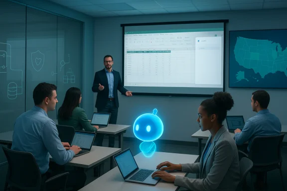 A presenter explains spreadsheet data to a diverse team in a tech-enabled classroom with an AI hologram.