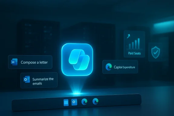 A futuristic blue holographic AI dashboard with quick actions like compose, summarize emails, and analytics.
