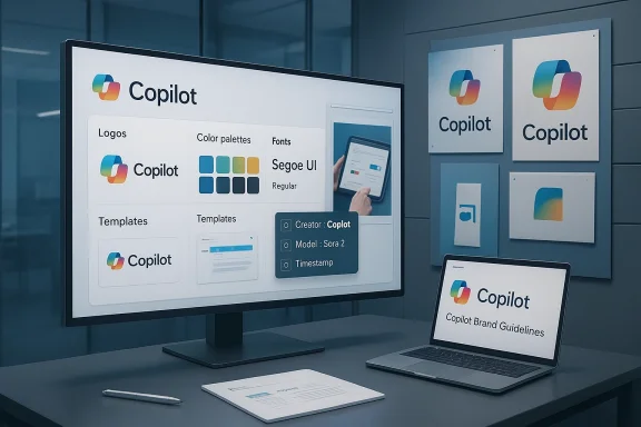 Workspace showcasing Copilot branding and guidelines on a monitor and wall posters.