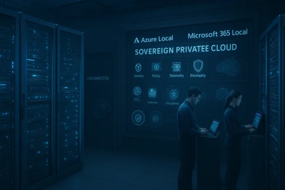 Two technicians monitor a sovereign private cloud in a blue-lit data center.