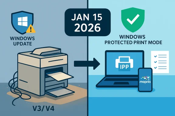 Windows Update on the left and Windows Protected Print Mode with IPP/Mopria printing on the right.