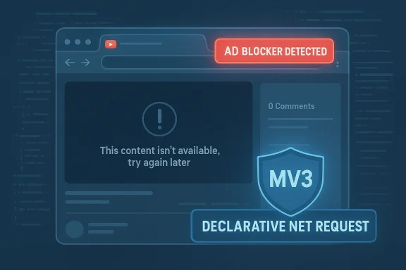 Web UI shows an ad blocker detected alert, a content not available message, and an MV3 shield.