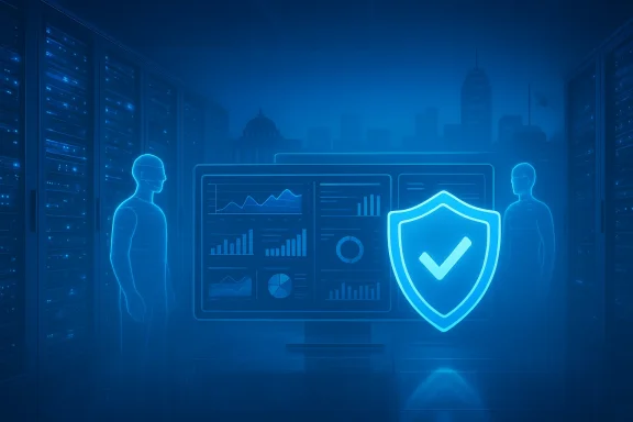 Blue holographic security shield guards a data analytics dashboard in a server room.