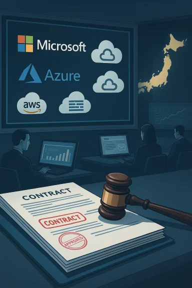 Conference room scene with a contract and gavel, while cloud logos (Microsoft Azure, AWS) appear on screens.