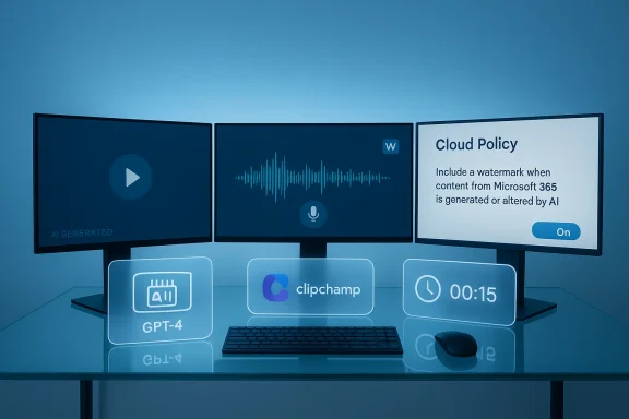 Three-monitor AI workstation with floating panels for GPT-4, Clipchamp, and cloud policy.