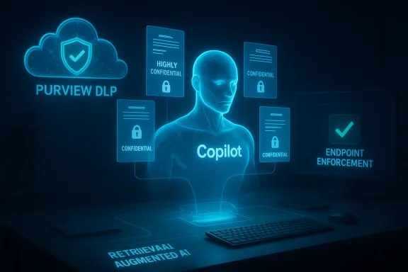 Blue holographic Copilot avatar surrounded by confidential security documents.