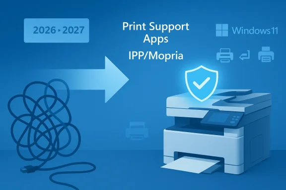 Blue Windows 11 graphic promoting print support apps (IPP/Mopria) with a printer and shield.