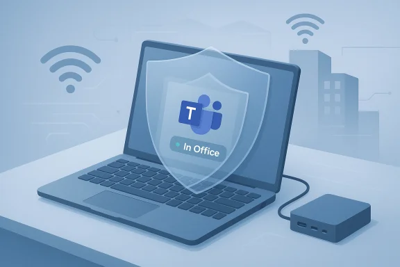 Laptop screen displays a shield with Microsoft Teams logo and In Office status.