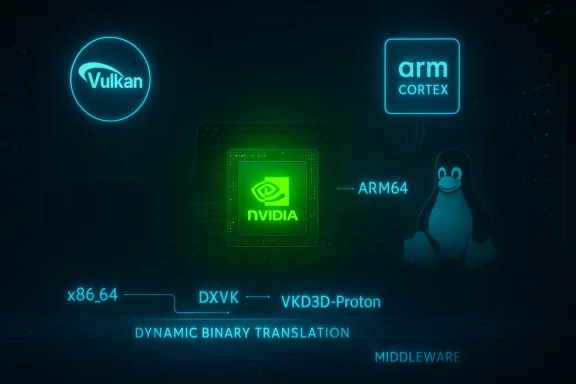Neon tech diagram of a Nvidia chip with Vulkan, ARM Cortex, Linux, and DXVK labels.