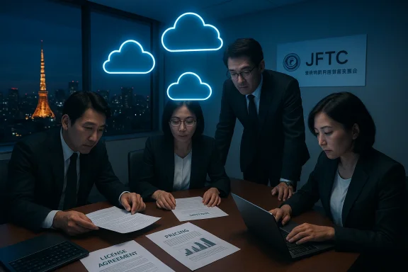 Four suited professionals review documents at a neon cloud-lit night office overlooking a city skyline.