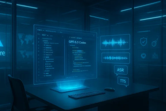 Futuristic workstation with holographic screens displaying GPT-5.3 Codex in a blue-lit data lab.