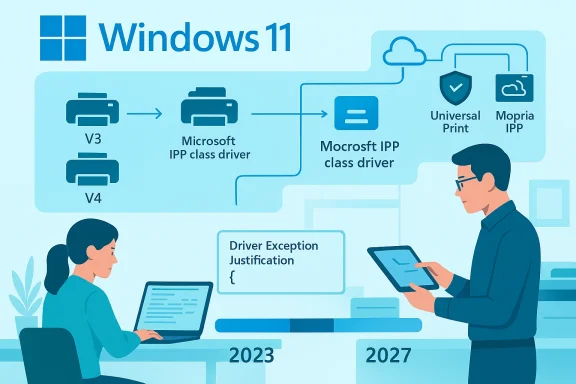 Windows 11 print workflow: V3/V4 to IPP class driver, with Universal Print and Mopria IPP options.
