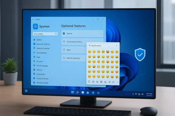 A desktop monitor displays Windows settings with an emoji picker overlay. A desktop monitor displays Windows settings with an emoji picker overlay.