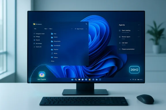 A sleek monitor on a desk shows a Windows-like desktop with a blue swirl wallpaper, keyboard and mouse.