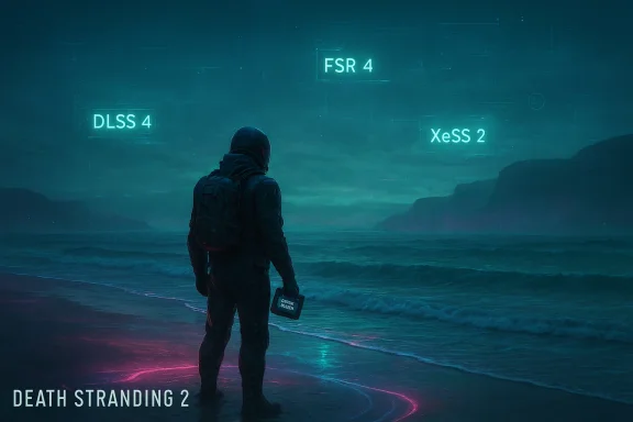 Death Stranding 2-inspired scene: a lone armored traveler stands on a neon-lit beach with floating tech labels. Death Stranding 2-inspired scene: a lone armored traveler stands on a neon-lit beach with floating tech labels.