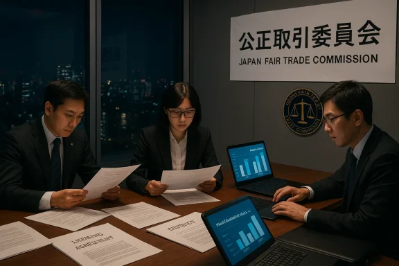 Three suited professionals review documents at a nighttime meeting at the Japan Fair Trade Commission.