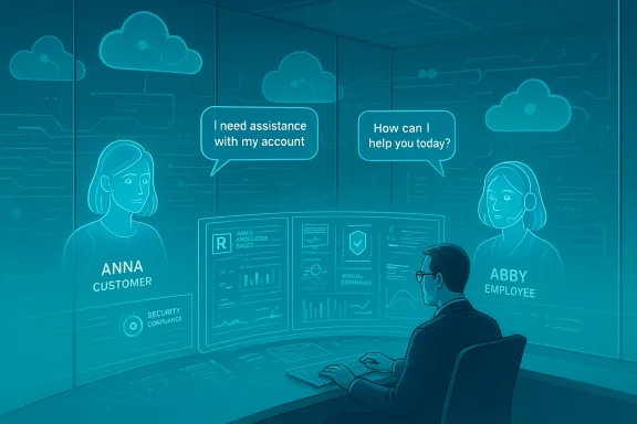 A customer and agent chat in a futuristic, cloud-driven control room with dashboards.
