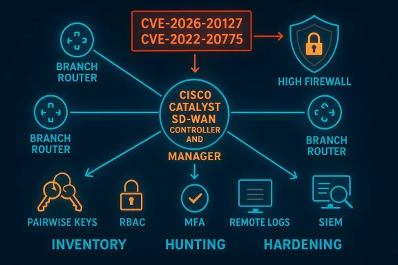 Cisco Catalyst SD-WAN Controller and Manager hub connecting branch routers with security controls.