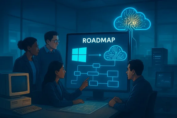 A team reviews a cloud-based roadmap diagram projected on a large screen in a tech office.