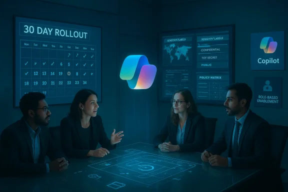 Four professionals discuss a holographic blueprint around a glowing, high-tech conference table.
