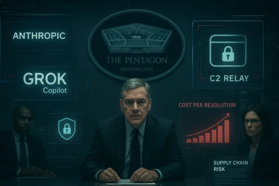 A stern man in a suit sits at a conference table, surrounded by holographic Pentagon data.