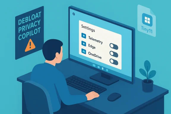 A person at a computer adjusts privacy settings like Telemetry, Edge, and OneDrive.