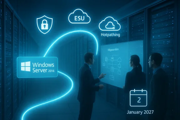 A data center scene with a team discussing Windows Server 2016, ESU, and hotpatching on an interactive display.