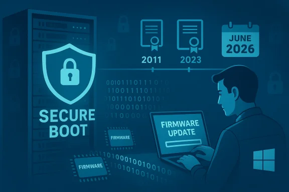A person updates firmware on a laptop as a secure-boot shield and security icons float in a blue data-center scene. A person updates firmware on a laptop as a secure-boot shield and security icons float in a blue data-center scene.