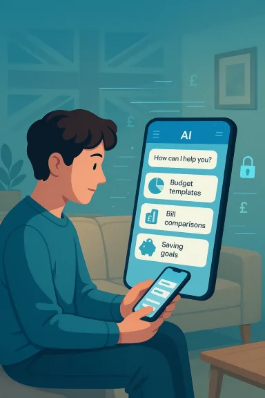 A person sits on a couch using an AI budgeting app to set saving goals.