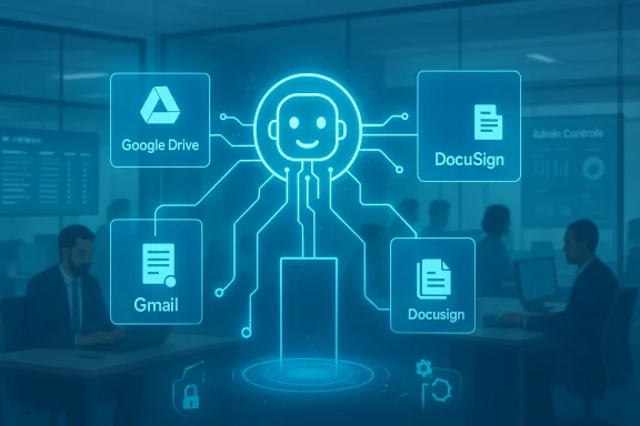 AI assistant links Google Drive, Gmail, DocuSign, and Docs in a futuristic office.