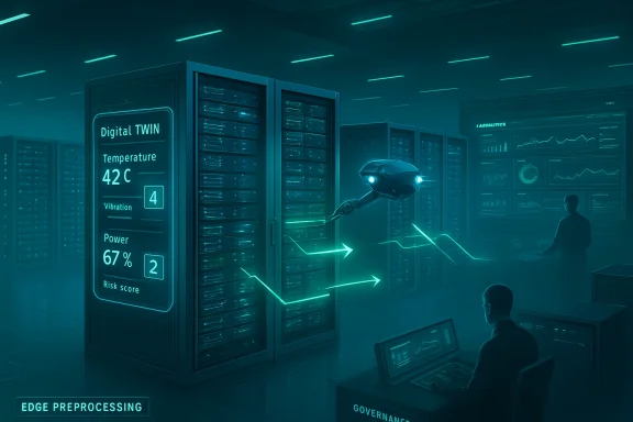 A futuristic data center where a robot monitors Digital Twin metrics on glowing server panels.