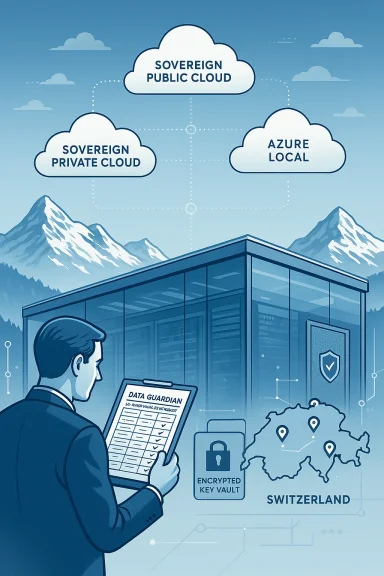 A professional evaluates sovereign cloud options in Switzerland, with an encrypted key vault.