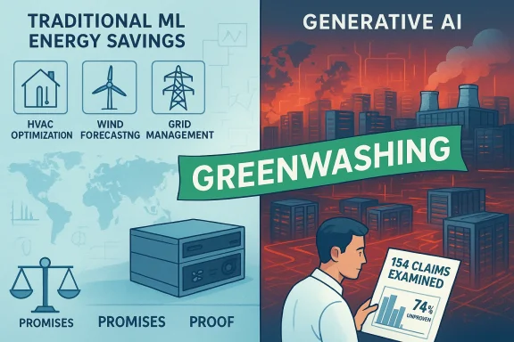 Split infographic contrasting traditional ML energy savings with generative AI, highlighting Greenwashing and unproven claims.