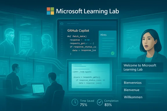Microsoft Learning Lab: a futuristic coding hub showing GitHub Copilot code and multilingual welcome messages.
