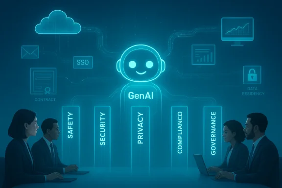 GenAI central hub connects pillars of Safety, Security, Privacy, Compliance, and Governance in a boardroom.